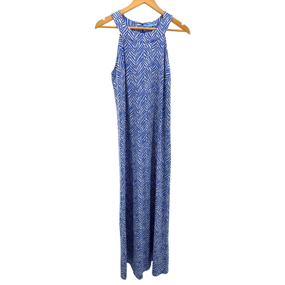 J.McLaughlin Halter Maxi Dress M Medium Blue White Zebra Catalina Cloth Stretch